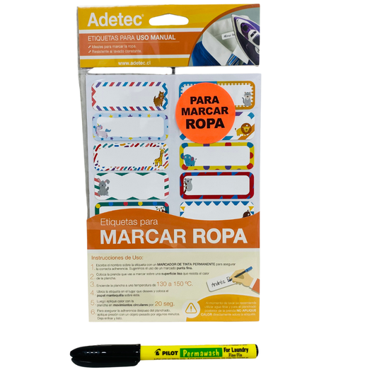 Etiqueta Adhesiva Adetec Marcar Ropa Lavable 25x63 Mm 16 Unidades + marcador de ropa